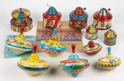 OHIO ART COMPANY TIN LITHOGRAPHED TOPS AND MUSIC BOXES, LOT OF 12