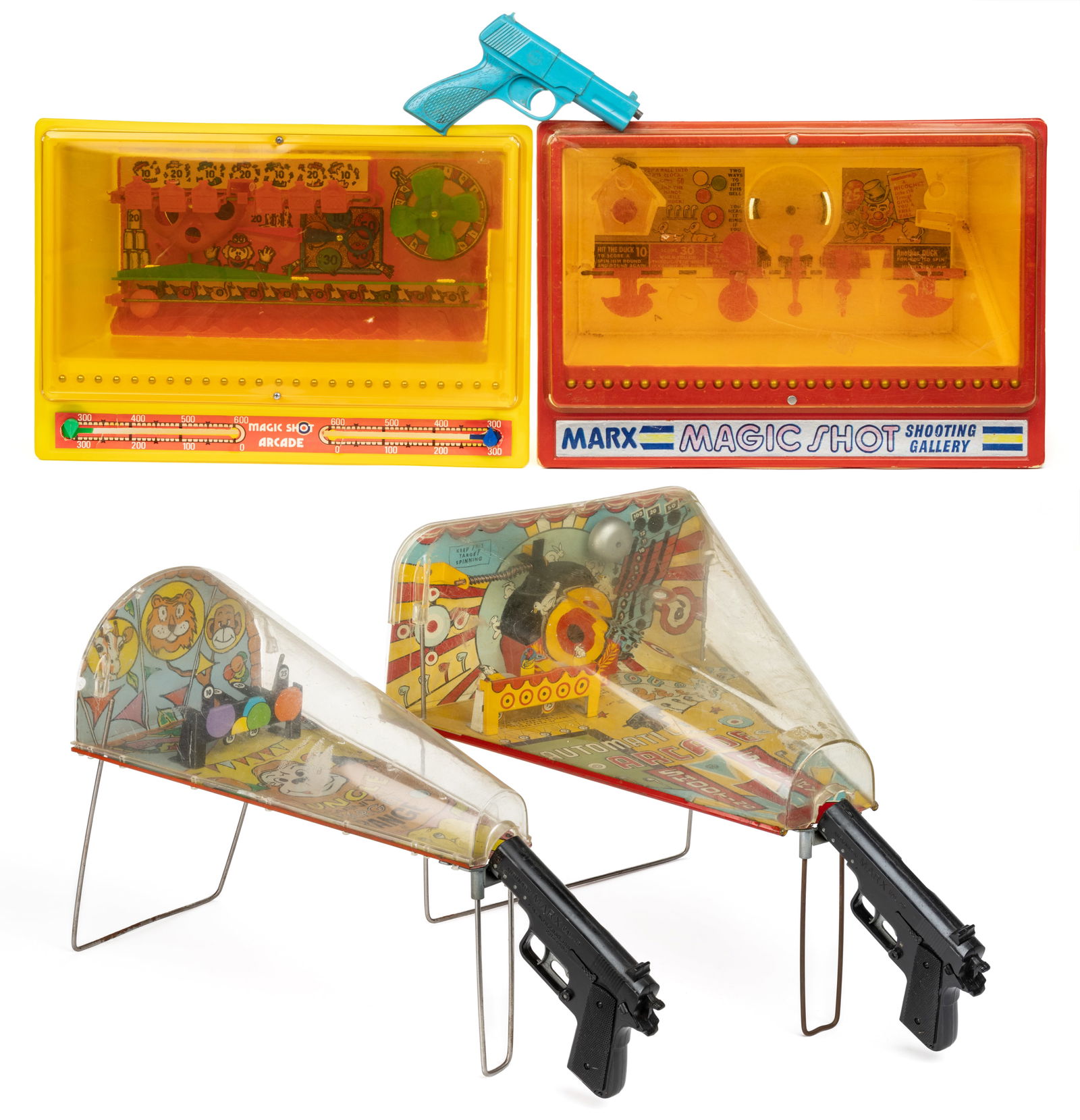 MARX VINTAGE SHOOTING TARGET GAMES, LOT OF FOUR: MARX VINTAGE SHOOTING TARGET GAMES, LOT OF FOUR, including two different magic shot arcades, one of which retains its original magnetic gun, a "Jungle Carnival Target Range," and an "Au