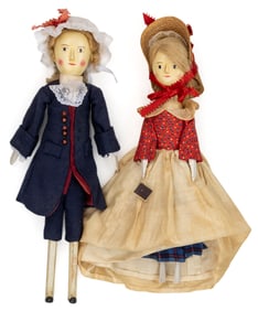 FREDERICK LAUGHON (RICHMOND, VA) SIGNED HAND-CARVED WOODEN JOINTED PEG DOLLS, LOT OF TWO