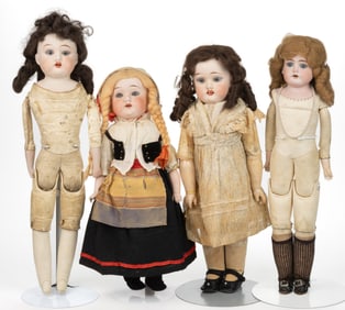 AMERICAN FULPER POTTERY CO. AND GERMAN BISQUE-HEAD CHILD DOLLS, LOT OF FOUR