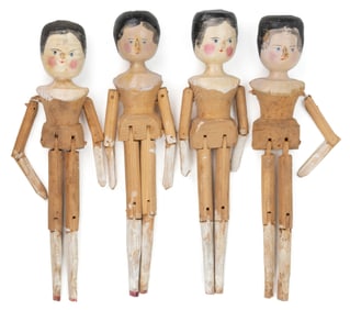 GERMAN GRODNER TAL WOODEN PEG DOLLS, LOT OF FOUR