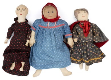 ASSORTED PAINTED AND STITCHED CLOTH DOLLS, LOT OF THREE
