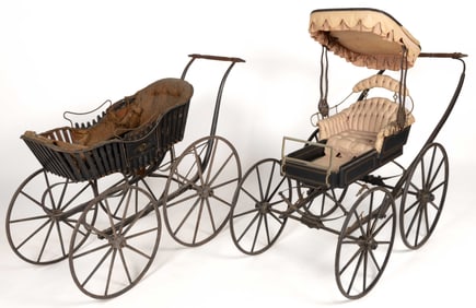VICTORIAN / EDWARDIAN WOODEN PAINT-DECORATED BABY CARRIAGES, LOT OF TWO