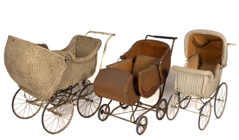 VICTORIAN / EDWARDIAN WICKER BABY CARRIAGES, LOT OF THREE