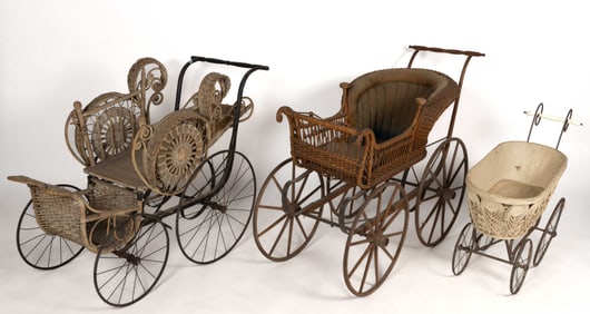 VICTORIAN / EDWARDIAN WICKER BABY CARRIAGES, LOT OF THREE