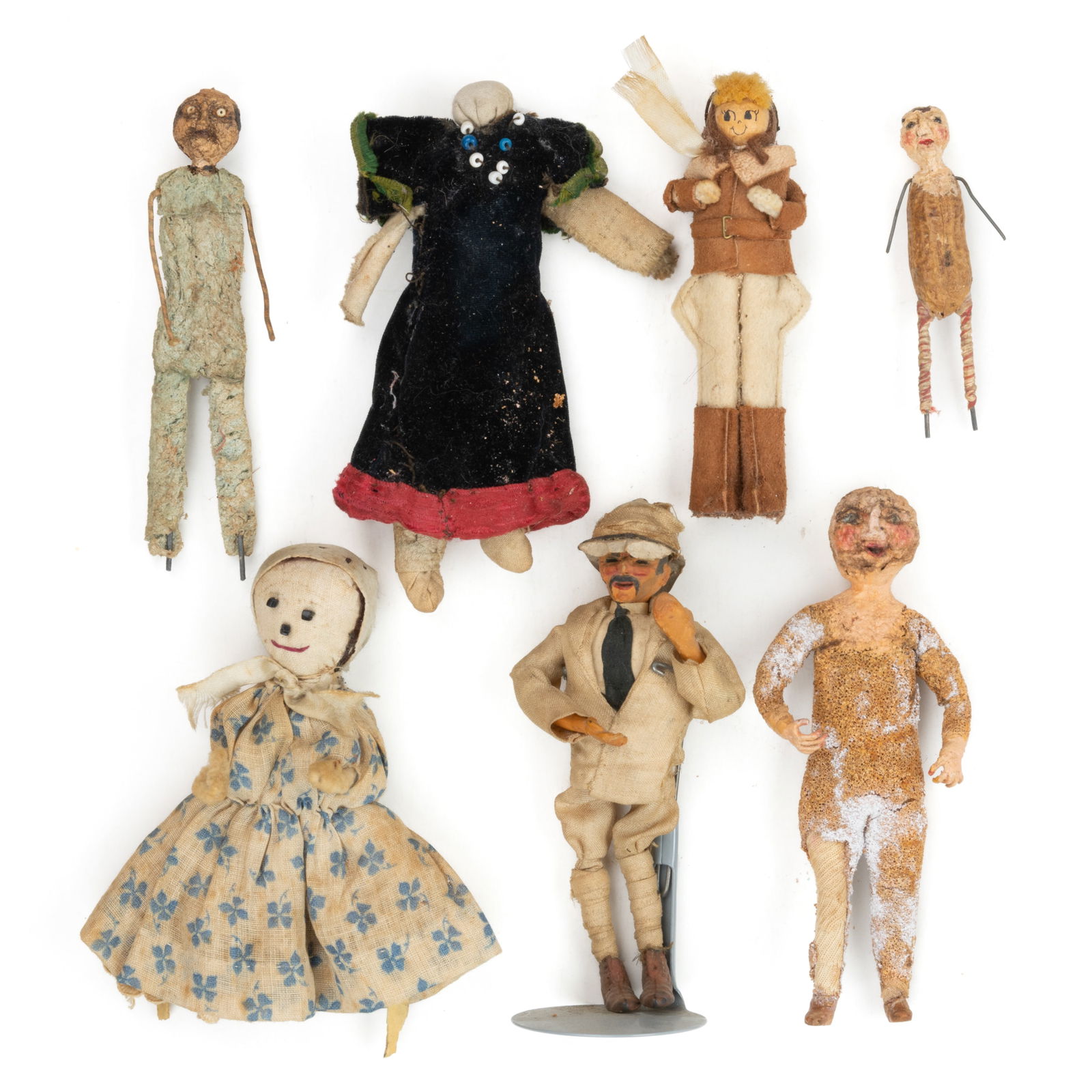 ASSORTED MATERIALS MINIATURE DOLLS, LOT OF SEVEN (1 of 2)
