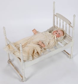 ARMAND MARSEILLE GERMAN BISQUE-HEAD BYLO / DREAM BABY NEWBORN DOLL AND CRADLE