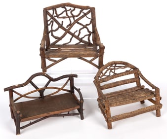 AMERICAN FOLK ART ADIRONDACK-STYLE MINIATURE / DOLL'S TWIG CHAIRS, LOT OF THREE