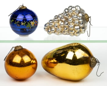 ANTIQUE GERMAN KUGEL GLASS CHRISTMAS ORNAMENTS, LOT OF FOUR