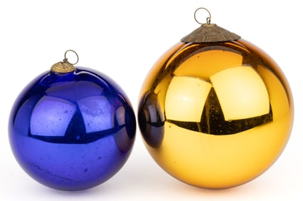 ANTIQUE OVERSIZED GERMAN AND FRENCH KUGEL GLASS CHRISTMAS ORNAMENTS, LOT OF TWO