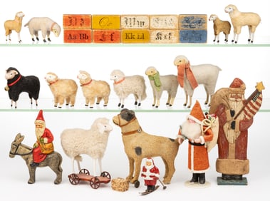 ASSORTED ANTIQUE AND ARTIST-MADE CHRISTMAS DECORATIONS / TOYS, UNCOUNTED LOT