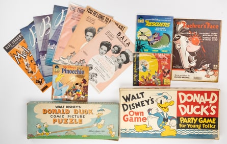 VINTAGE WALT DISNEY / DONALD DUCK GAMES, SHEET MUSIC, AND VINYL RECORDS, LOT OF 13