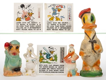 VINTAGE DONALD DUCK / WALT DISNEY CHALK FIGURES AND SPORTING PLAQUES, LOT OF SEVEN