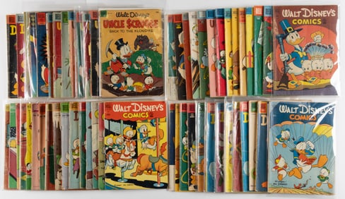 DONALD DUCK / UNCLE SCROOGE GOLDEN AND SILVER AGE COMIC BOOKS, LOT OF 56
