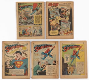DAMAGED / COVERLESS GOLDEN AGE SUPERMAN AND OTHER COMIC BOOKS, LOT OF FIVE