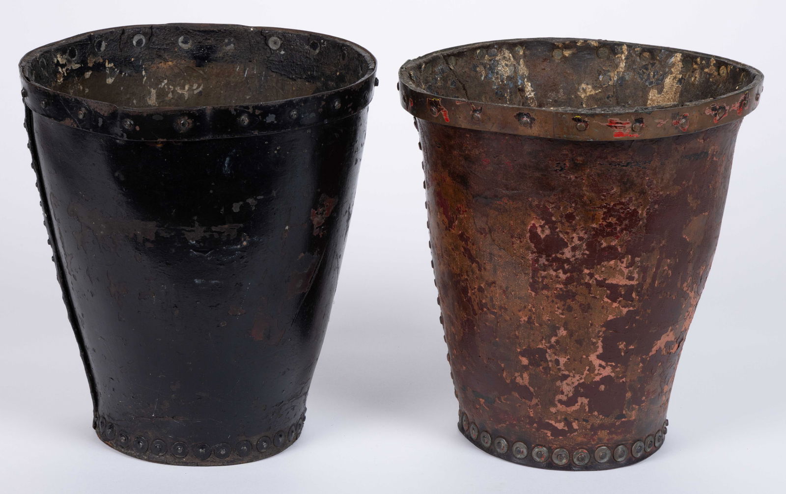 ASSORTED PAINTED LEATHER FIRE BUCKETS, LOT OF TWO (1 of 5)
