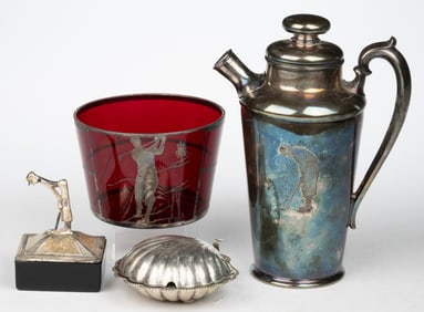 ASSORTED SILVER-PLATED AND GLASS GOLF-THEMED ARTICLES, LOT OF FOUR