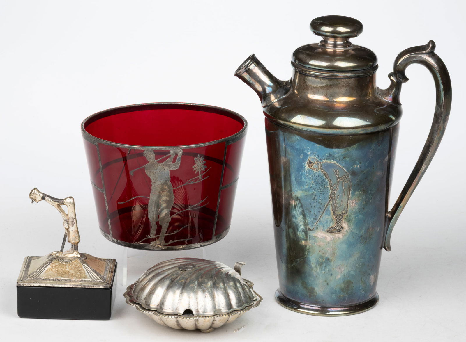 ASSORTED SILVER-PLATED AND GLASS GOLF-THEMED ARTICLES, LOT OF FOUR (1 of 1)