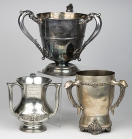 ASSORTED SILVER-PLATED TROPHY / PRESENTATION AND OTHER LOVING CUPS / TYGS, LOT OF THREE
