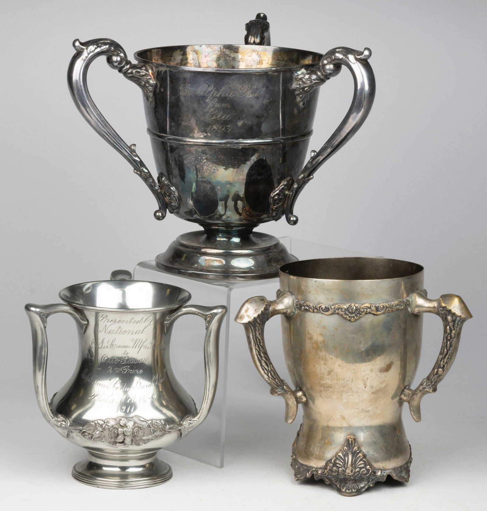 ASSORTED SILVER-PLATED TROPHY / PRESENTATION AND OTHER LOVING CUPS / TYGS, LOT OF THREE (1 of 2)