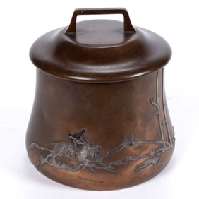 HEINTZ STERLING SILVER-ON-BRONZE FOX HUNTING SCENE TOBACCO JAR / HUMIDOR