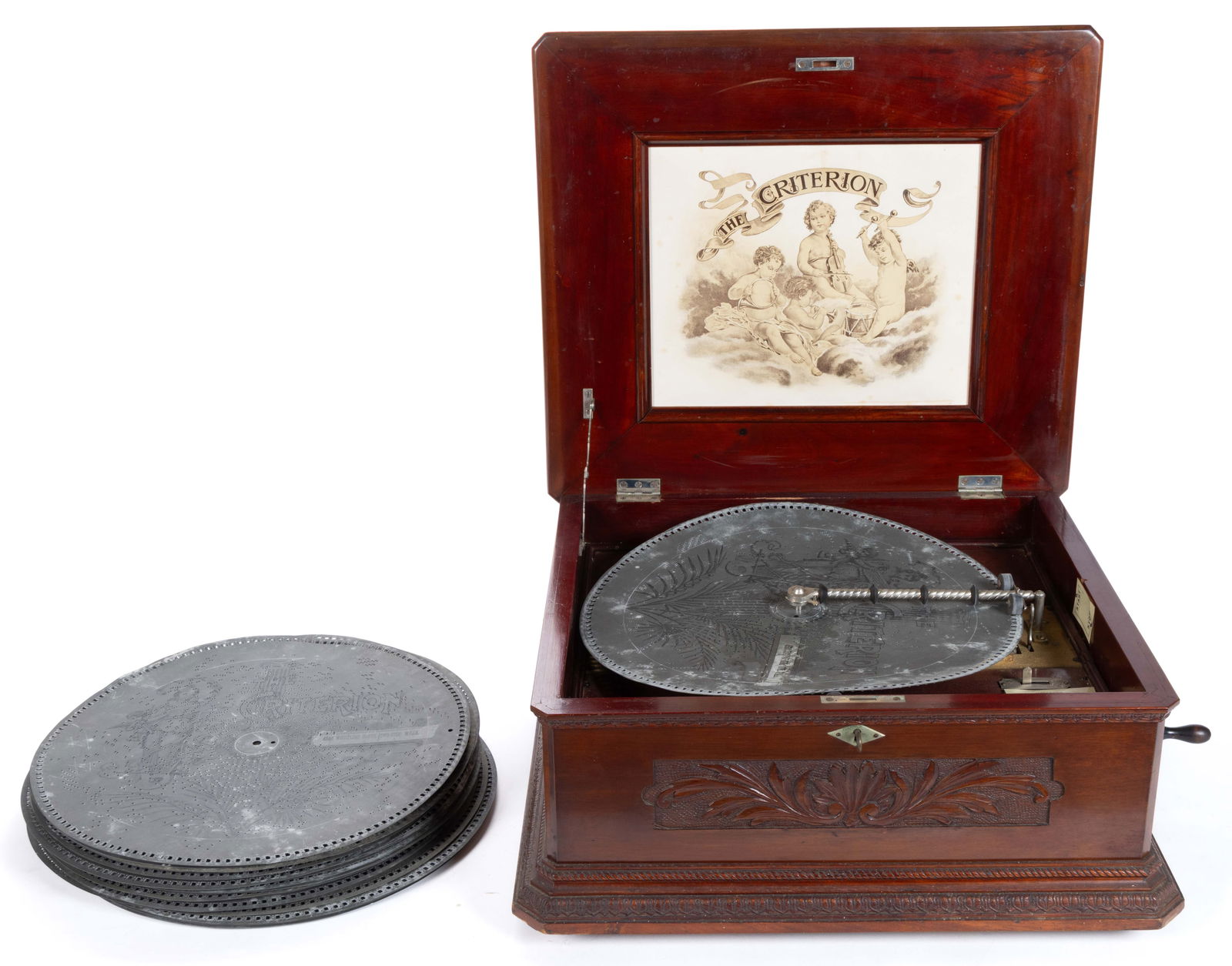 "THE CRITERION" MAHOGANY-CASED DISC-TYPE MUSIC BOX AND DISCS (1 of 6)