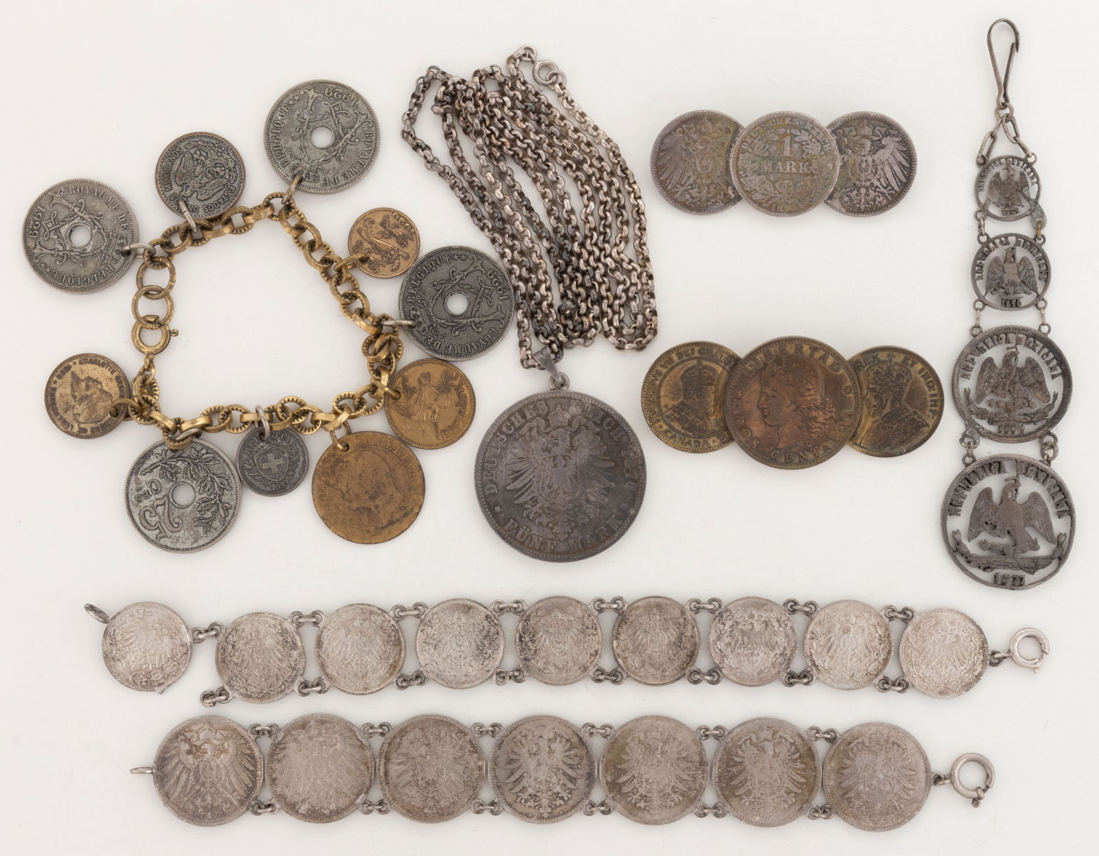 ASSORTED WORLD COINS MADE INTO JEWELRY, LOT OF SEVEN (1 of 1)