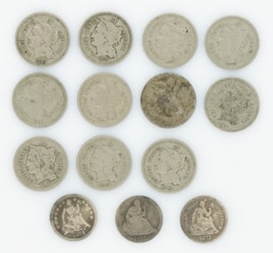 AMERICAN THREE-CENT NICKELS AND HALF-DIME COINS, LOT OF 14