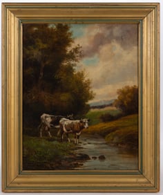 AMERICAN SCHOOL (19TH CENTURY) LANDSCAPE PAINTING FEATURING COWS