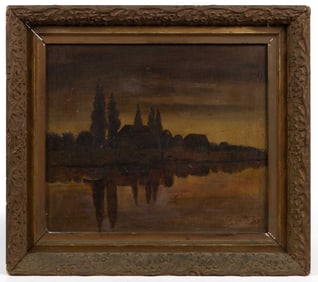 AMERICAN SCHOOL (19TH CENTURY) FOLK ART TONALIST LAKE SCENE PAINTING