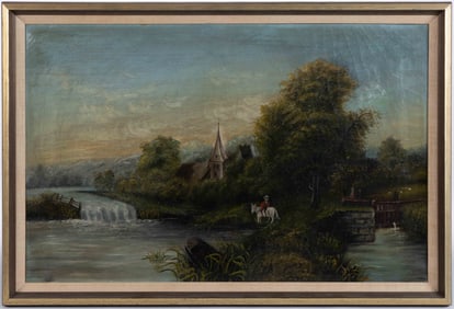 AMERICAN SCHOOL (19TH CENTURY) LANDSCAPE PAINTING FEATURING A CHURCH
