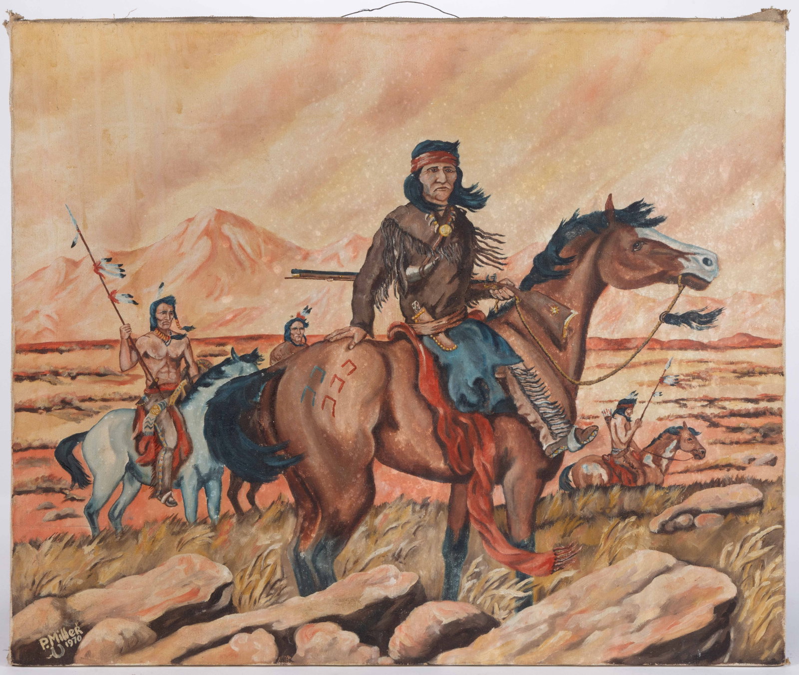 PAUL B. MILLER, JR. (1930-2011) AUGUSTA CO., SHENANDOAH VALLEY OF VIRGINIA NATIVE AMERICAN PAINTING: PAUL B. MILLER, JR. (1930-2011) AUGUSTA CO., SHENANDOAH VALLEY OF VIRGINIA NATIVE AMERICAN PAINTING, oil on canvas, depicting four Native American warriors on horseback set within a western landscape.