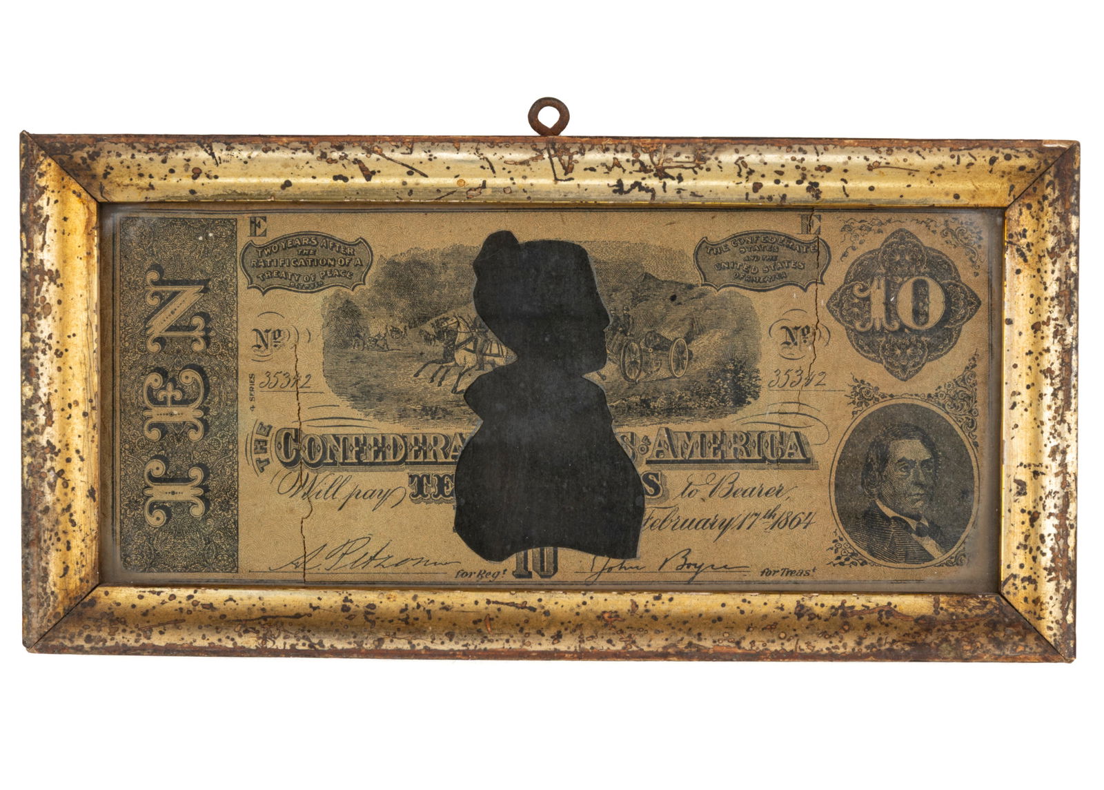 AMERICAN SCHOOL (19TH CENTURY) HOLLOW-CUT SILHOUETTE CUT FROM CONFEDERATE CURRENCY (1 of 2)
