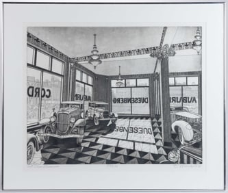 BRUCE MCCOMBS (AMERICAN, B. 1943) "ART DECO SHOWROOM" AUTOMOBILE-THEMED ETCHING