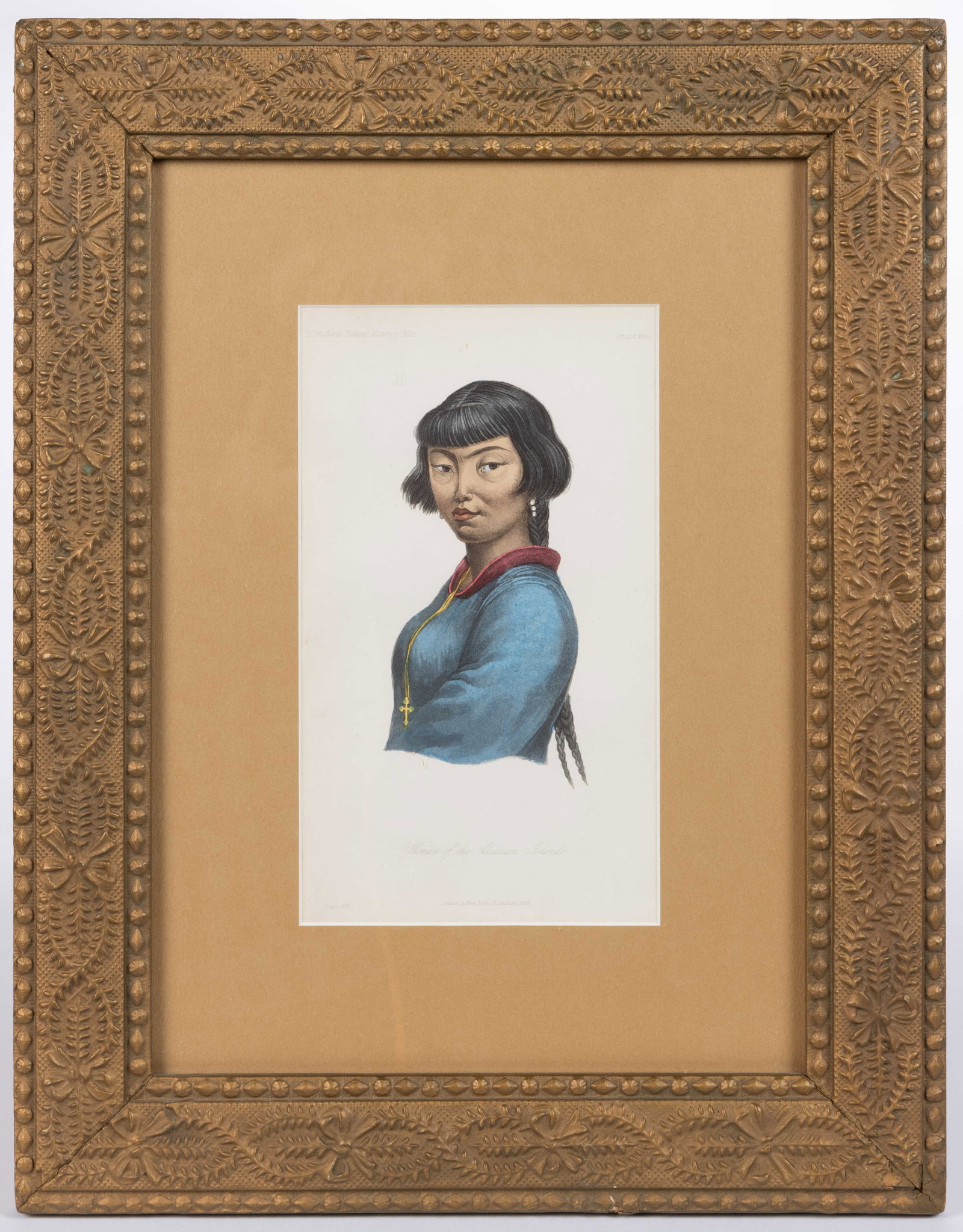 JAMES COWLES PRICHARD (BRITISH, 1786-1848) NATIVE AMERICAN PRINT: JAMES COWLES PRICHARD (BRITISH, 1786-1848) NATIVE AMERICAN PRINT, Woman of the Aleutian Islands, taken from Dr. Prichard's Natural History of War. H. Bailliere, publisher, Lond