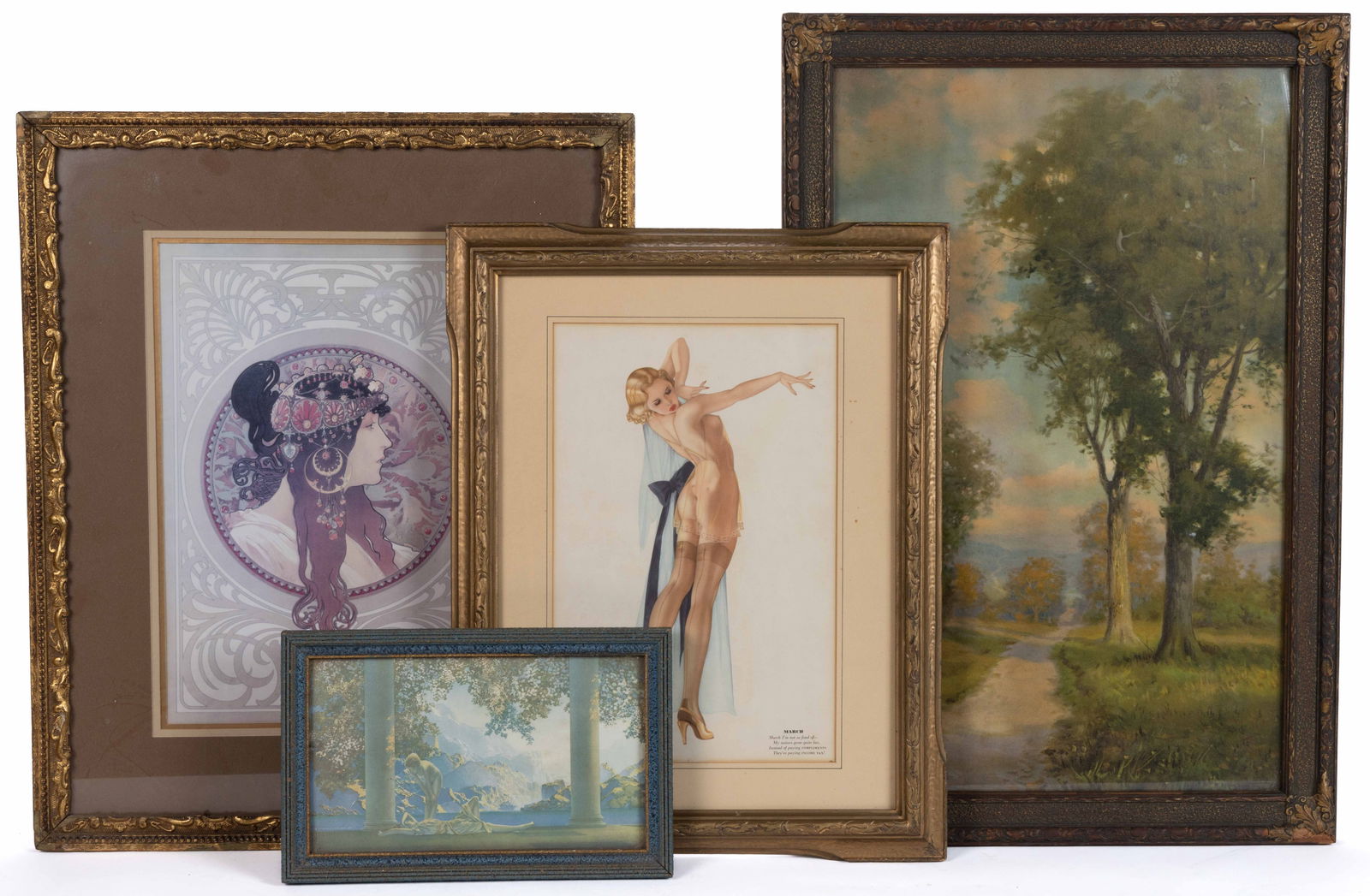 ASSORTED 20TH CENTURY AMERICAN PRINTS, LOT OF FOUR: ASSORTED 20TH CENTURY AMERICAN PRINTS, LOT OF FOUR, comprising a small copy of Maxfield Parrish's "Daybreak" (retaining House of Art label verso); a risque print of "March"&nbs