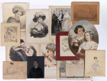 ASSORTED ANTIQUE PRINTS, DRAWINGS, AND TINTYPE, LOT OF 13