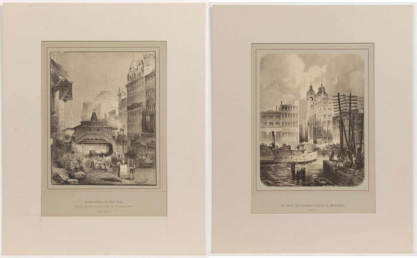 RUDOLF CRONAU (GERMAN / AMERICAN, 1855-1939) COLLOTYPE PRINTS, LOT OF TWO: RUDOLF CRONAU (GERMAN / AMERICAN, 1855-1939) COLLOTYPE PRINTS, LOT OF TWO, collotype on paper, one example depicting New York with title card reading "Strassenleben in New-York / (Blick von