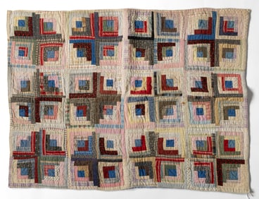 AMERICAN "LOG CABIN - LIGHT AND DARK" PIECED CRIB QUILT