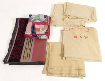 AMERICAN HOMESPUN WOOL AND OTHER MATERIALS BLANKETS AND BEDCOVER, LOT OF SIX