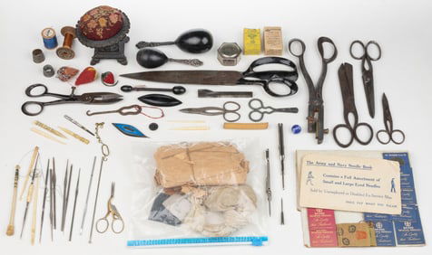 ASSORTED NEEDLEWORKING / SEWING TOOLS AND RELATED, UNCOUNTED LOT
