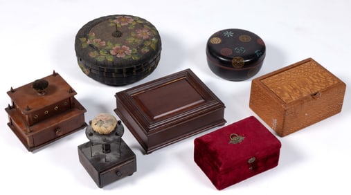 ASSORTED MATERIALS SEWING / NEEDLEWORKING BOXES, LOT OF SEVEN