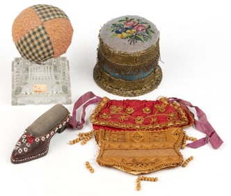 ANTIQUE PINCUSHIONS AND OTHER ARTICLES, LOT OF FOUR