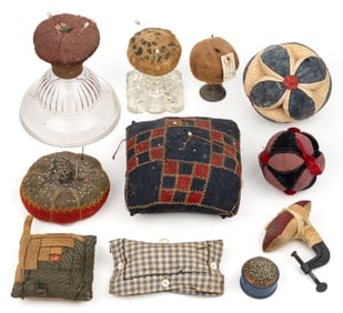 ASSORTED SEWING / NEEDLEWORKING PINCUSHIONS, LOT OF 11