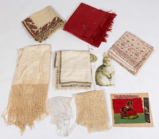 ANTIQUE AND VINTAGE SHAWLS, NEEDLEWORK, AND OTHER TEXTILE ARTICLES, LOT OF 12