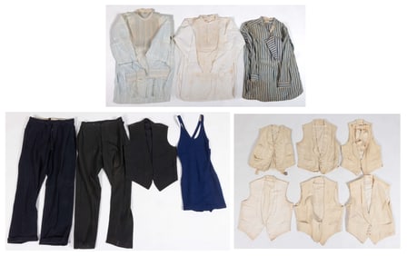 ANTIQUE / VINTAGE MEN'S CLOTHING, VESTS, AND BATHING SUIT, LOT OF 18 PIECES