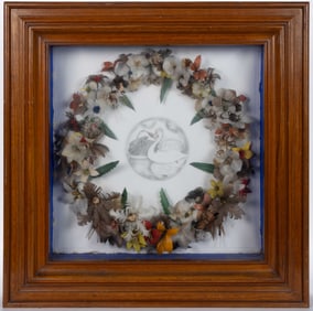 ANTIQUE / VINTAGE FEATHER WREATH WITH DRAWING OF SWANS