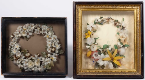 VICTORIAN FEATHER MOURNING WREATHS, LOT OF TWO