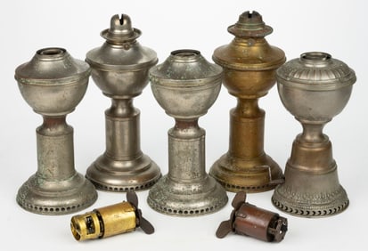 ASSORTED BRASS AND NICKEL-PLATED HITCHCOCK STEM AND SIDE-WINDER MECHANICAL LAMPS, LOT OF FIVE