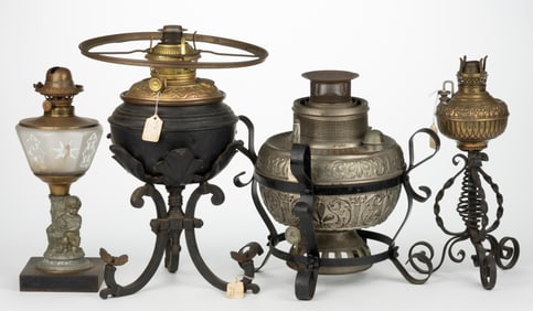 ASSORTED BRASS AND SHEET-IRON KEROSENE STAND LAMPS, LOT OF FOUR